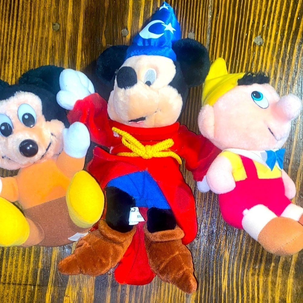 Vintage lot of Disney plush Fantasia Mickey, Tiny Tim, and Pinocchio